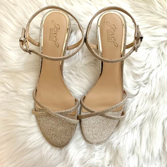 Badgley Mischka Omari Ankle Strap Criss Cross Heels in Glitter Gold - Picture 2 of 8